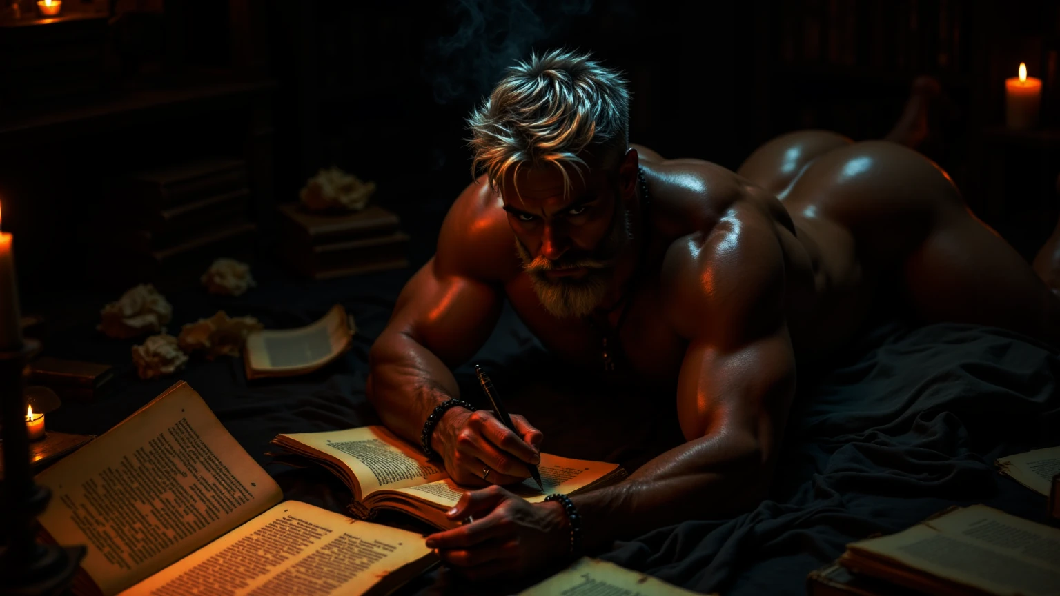 Author Calder N. Halden writing by candlelight, surrounded by books and parchment — sensual, mythic atmosphere.